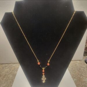 Gold, Black and Orange Faux Pearl Necklace with Musical Note
